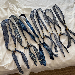 扎染蓝色系亚麻丝巾项链女2026春夏新款百搭文艺串珠挂脖领巾配饰