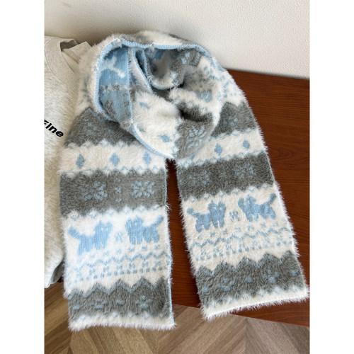 费尔岛风可爱猫咪双面绒针织围巾