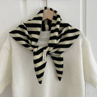 精选100%澳洲羊毛条纹领巾女百搭韩系头巾围巾秋冬保暖三角巾外搭