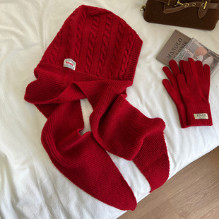 红色巴拉克拉法帽女冬季 韩系复古麻花针织大头围毛线帽围巾一体帽