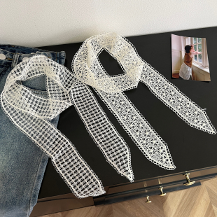 饰 系脖围巾高级感绑发飘带领巾装 法式 白色蕾丝细窄长条丝巾女夏季