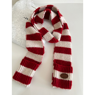 时髦ins撞色红白条纹针织细围巾女秋冬韩版 毛线围脖 加厚保暖窄版