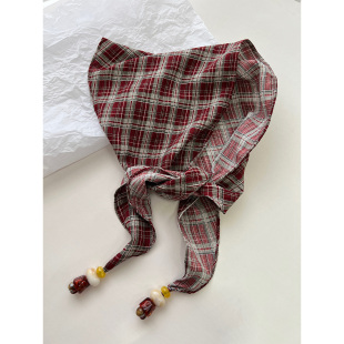 韩系复古格纹三角巾丝巾女春夏薄款 饰多功能叠穿腰巾屁帘女 串珠装