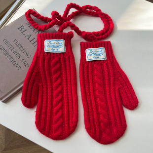 新年红色手套女秋冬毛线针织连指挂脖手套全包户外保暖防寒可触屏
