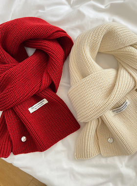 韩系绵羊毛针织毛线围巾女秋冬氛围感显白加厚保暖纯色围脖情侣款