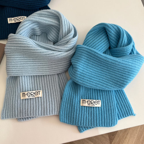 蓝色围巾女冬季纯羊毛针织小围脖