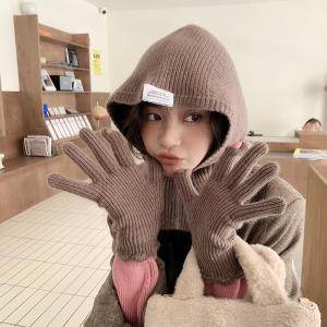 韩国巴拉克拉法帽子手套两件套女秋冬季纯色针织洋气围脖套头保暖