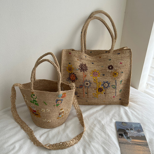 田园风拉菲草手工编织包手提包女