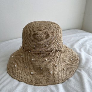 特细拉菲草手工钉珠遮阳帽渔夫帽可折叠海边度假大檐防晒草帽女夏