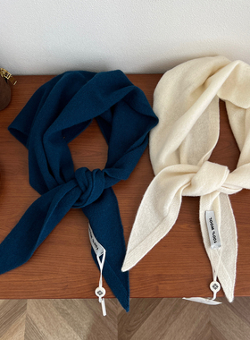 复古海蓝色100%美利奴羊毛三角巾女秋冬保暖包头巾针织小围巾披肩