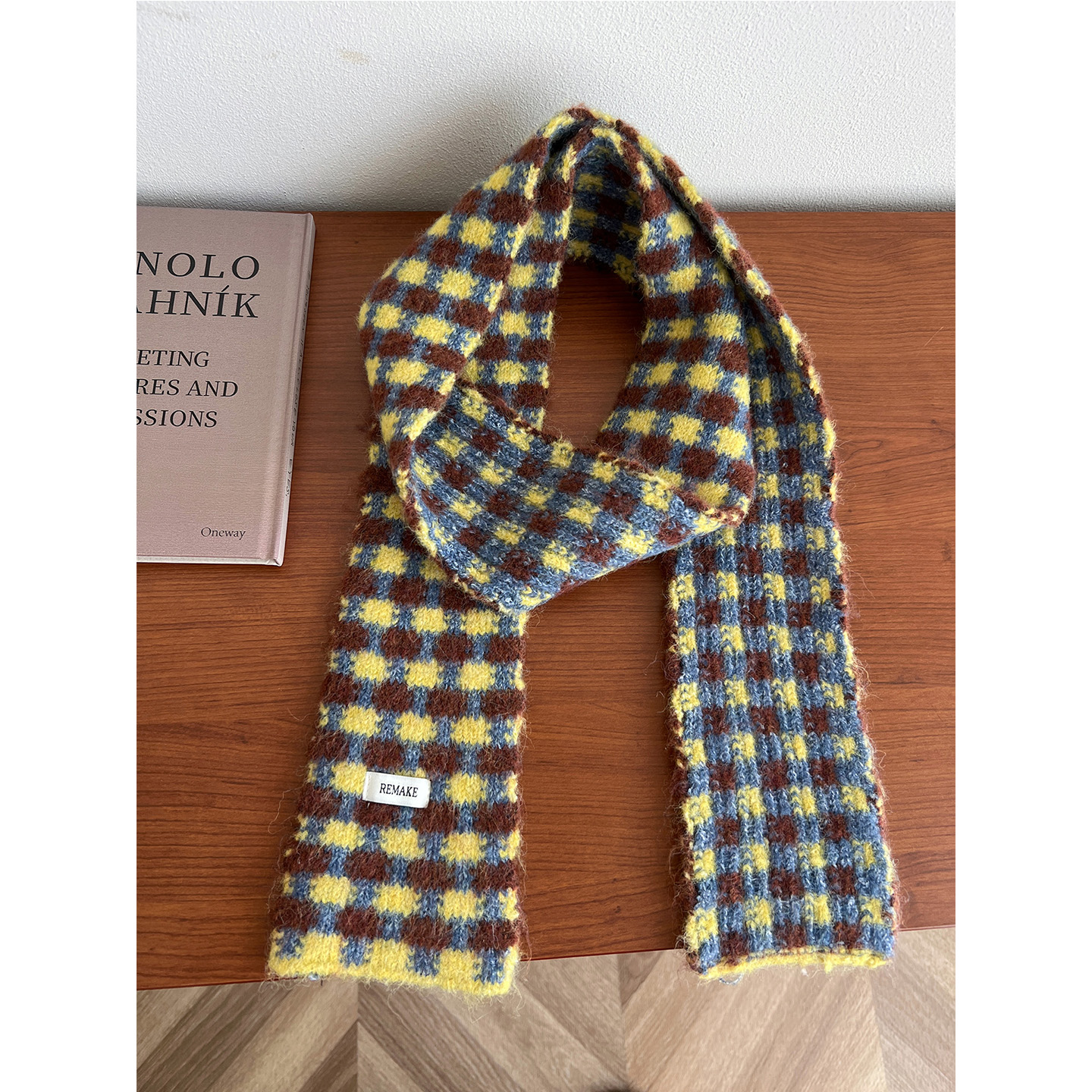 韩系复古撞色格子小围巾女秋冬