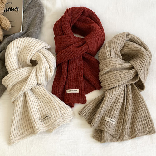 韩国ins小布标坑条纯色围巾