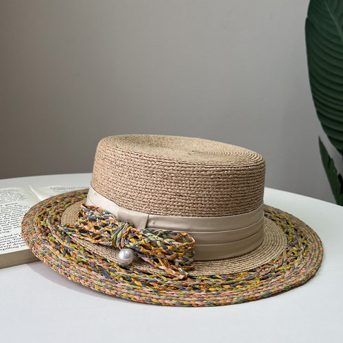 新款彩色拉菲草钩针镂空平顶帽女