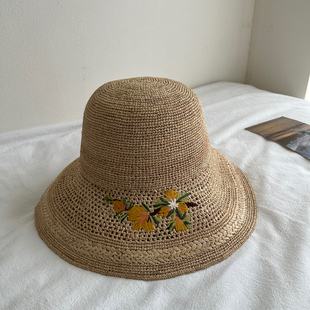 拉菲草手工刺绣花朵遮阳渔夫帽可折叠海边度假大檐防晒沙滩草帽女