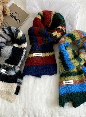 韩系复古彩色条纹围巾女冬季加厚保暖含羊毛柔软针织围脖情侣百搭