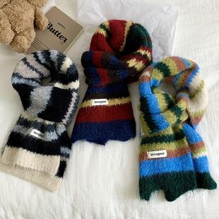 韩系复古彩色条纹围巾女冬季加厚保暖含羊毛柔软针织围脖情侣百搭