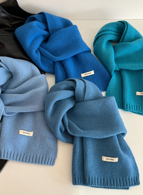 蓝色系100%澳洲纯羊毛围巾女冬季高级感保暖针织百搭情侣围脖男士