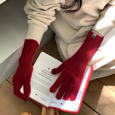 韩国红色纯色毛线针织分指手套
