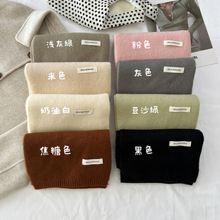 韩风小布标纯色围巾女日系简约冬季 软糯保暖针织毛线围脖情侣显白