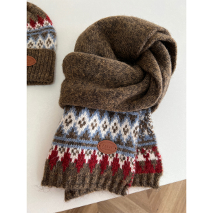 软糯羊毛混纺费尔岛风围巾女冬季 加厚保暖防风毛线帽百搭学生围脖