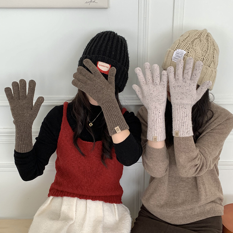 韩国长款纯羊毛针织手套女冬季可触屏五指学生骑行防寒保暖手套男