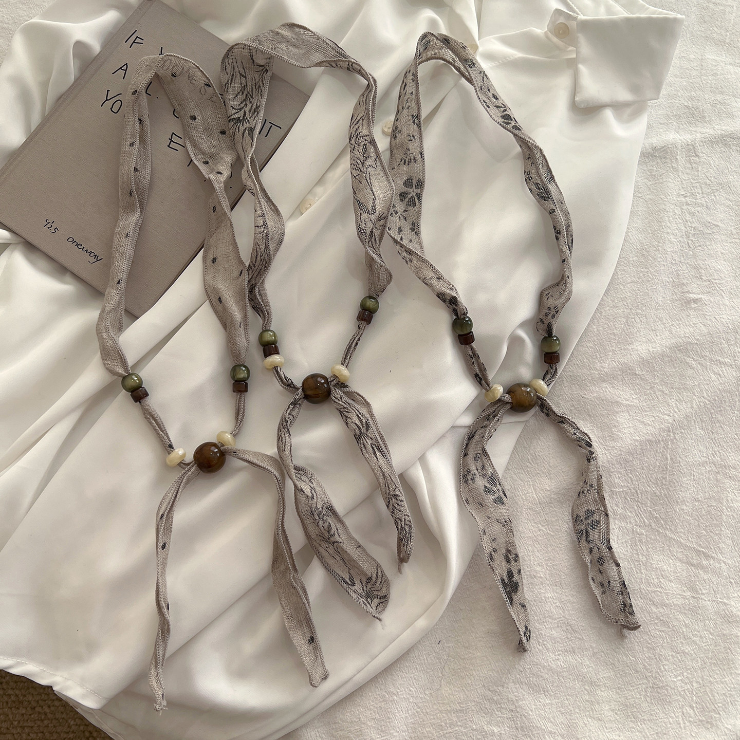 素雅文艺风亚麻串珠丝巾项链女春夏季日常百搭长条小领巾挂脖配饰