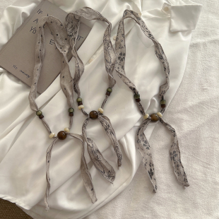 素雅文艺风亚麻串珠丝巾项链女春夏季 日常百搭长条小领巾挂脖配饰