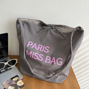 韩代ins格子帆布包大容量简约字母单肩包双面两用托特包百搭通勤