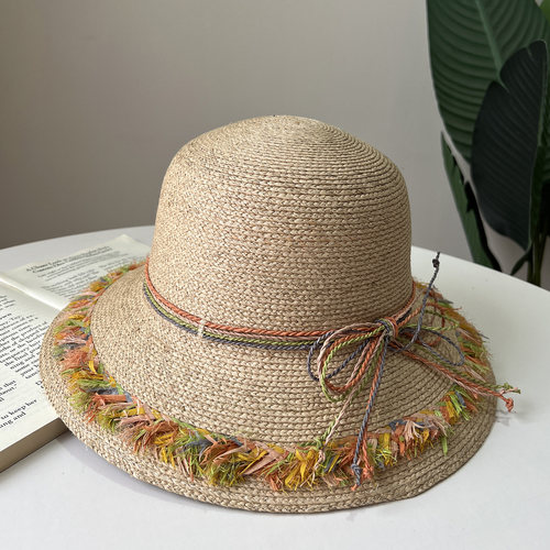 波西米亚风彩色毛边拉菲草帽女夏