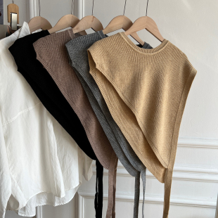 早秋新款 不规则叠穿系带披肩针织背心 纯色三角斜边马甲女披肩韩版