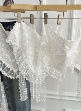 白色甜美重工蕾丝头巾韩国设计款绑带叠穿屁帘腰巾两用三角巾裙帘