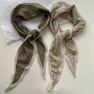 复古文艺碎花三角巾女夏季 饰头巾腰巾小领巾 田园风蕾丝花边系带装