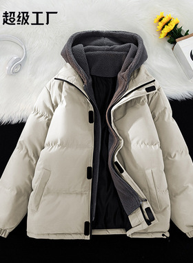 跨境大码定制假两件棉服男士冬季宽松休闲加厚摇粒绒棉袄连帽棉衣