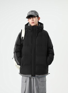 定制棉服男士冬季大码连帽条纹宽松加厚棉袄保暖休闲棉衣跨境外套