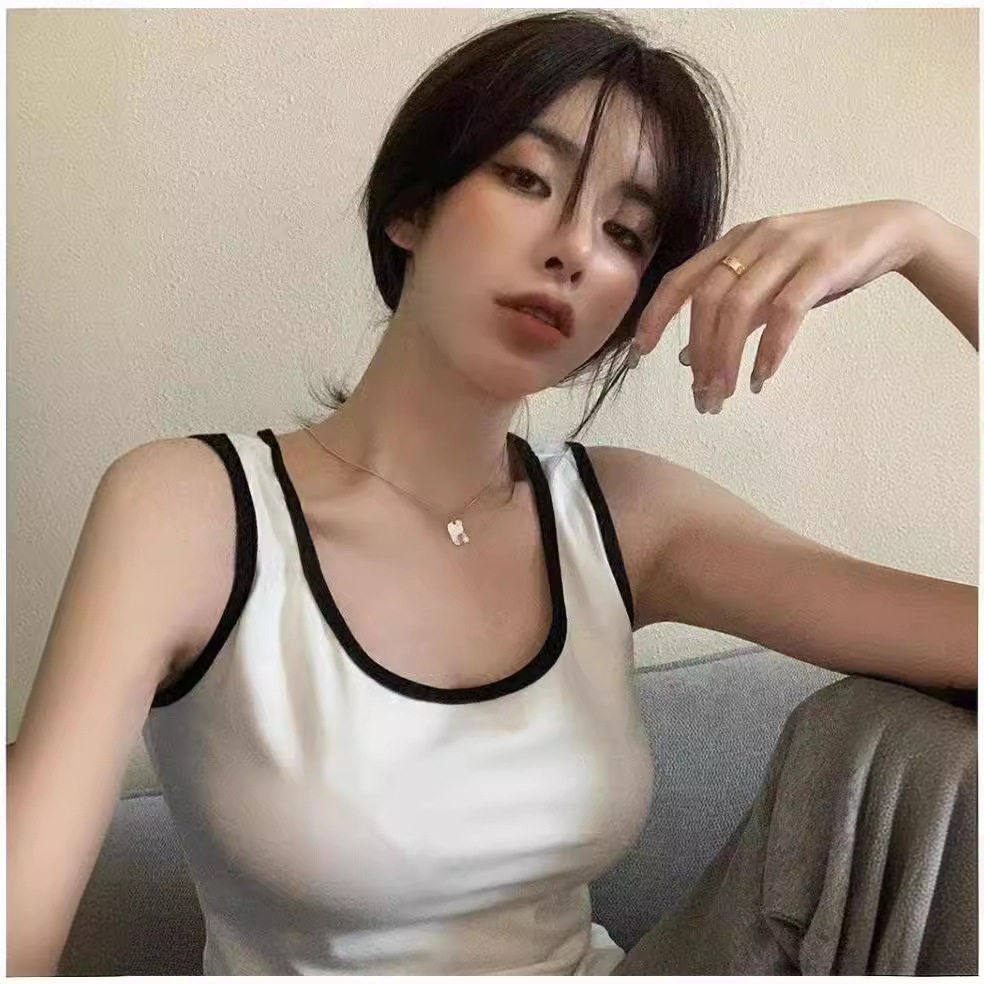 夏季新款韩版网红大U领美背撞色背心女修身百搭小背心无袖打底t恤