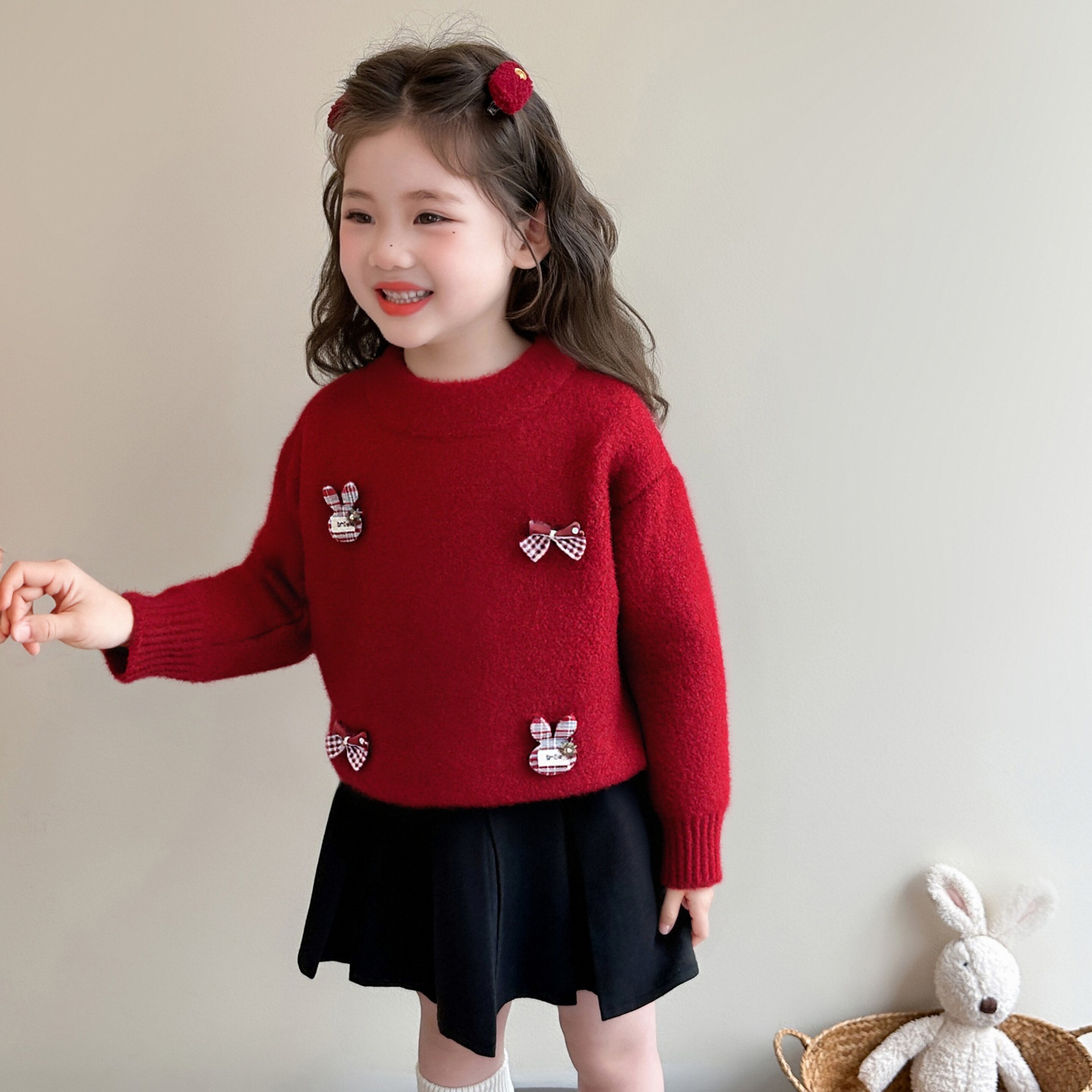 女童红色毛衣秋冬装加厚儿童针织衫毛衣线宝宝冬季内搭保暖打底衫