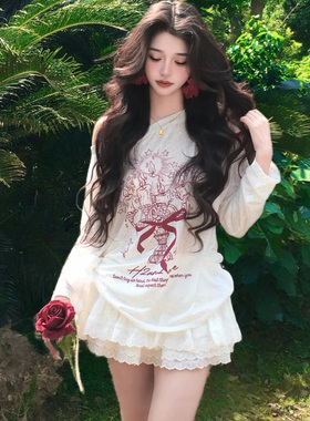 白色涂鸦斜肩长袖t恤防晒罩衫女2025新款夏季薄款慵懒风宽松上衣