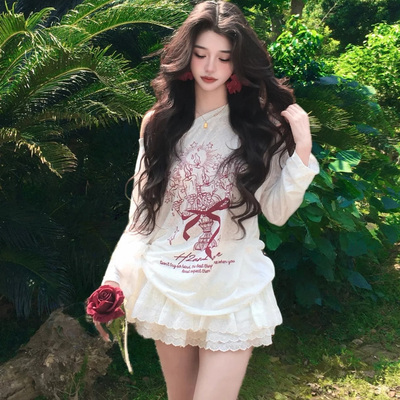 白色涂鸦斜肩长袖t恤防晒罩衫女2025新款夏季薄款慵懒风宽松上衣