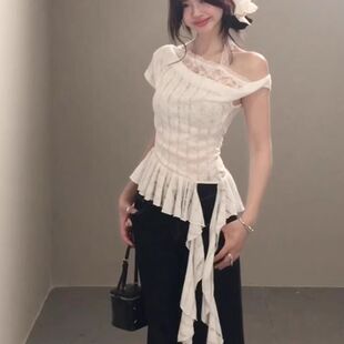韩版纯欲风不规则蕾丝一字肩短袖T恤女2025夏季新款修身显瘦上衣