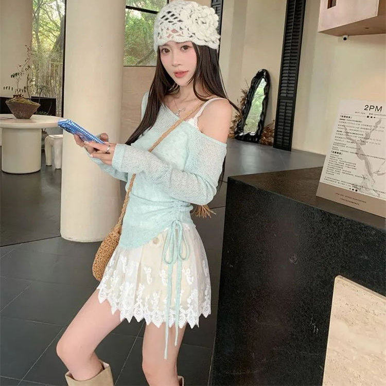 浅绿色露肩长袖T恤女春季透视薄款防晒罩衫抽绳修身chic百搭上衣