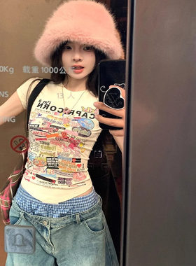 卡通印花短袖正肩T恤女夏季新款修身小个子收腰紧身短款圆领上衣