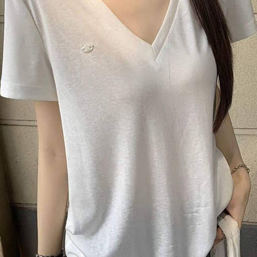 薄款短袖T恤韩系松弛感v领夏季