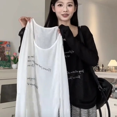 韩版宽松大领口微透长袖T恤女