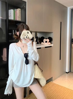 白色慵懒风长袖宽松T恤女秋季休闲薄款防晒罩衫纯色显瘦百搭上衣