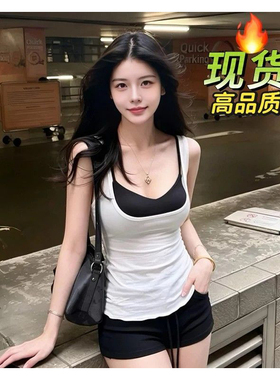 纯欲套装叠穿吊带女性感微透白色修身背心夏季辣妹抽绳短裤三件套