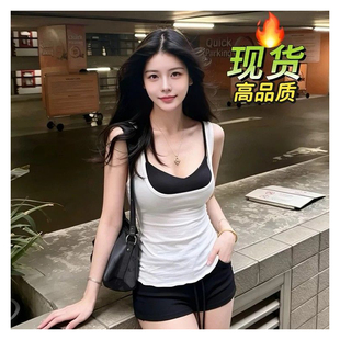 纯欲套装叠穿吊带女性感微透白色修身背心夏季辣妹抽绳短裤三件套