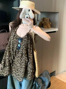甜酷辣妹豹纹飘带背心吊带女上衣
