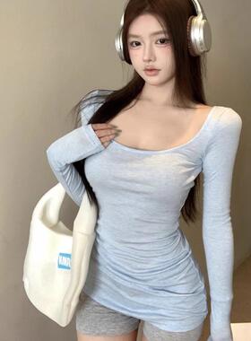 蓝色薄款修身长袖T恤女春季甜辣妹紧身u领内搭打底衫休闲防晒上衣