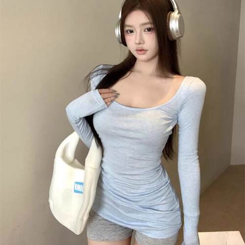 蓝色薄款修身长袖T恤女春季甜辣妹紧身u领内搭打底衫休闲防晒上衣