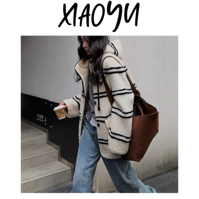 【雪绒格尚】韩风毛绒绒连帽宽条外套百搭显瘦加厚毛毛休闲外套